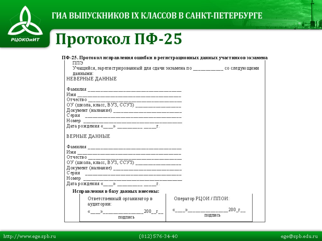 Протокол ПФ-25 http://www.ege.spb.ru (812) 576-34-40 ege@spb.edu.ru